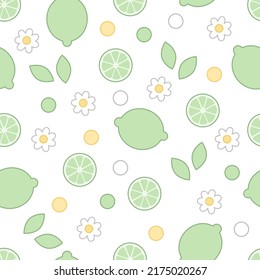 Seamless pattern of whole and sliced slime with leaves, flowers and dots in kawaii style on a white background.
