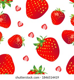 Seamless pattern of whole and sliced ​​strawberries. Vector illustration isolated on white background. Texture for fabrics, textiles, menus, packaging, website, etc.
