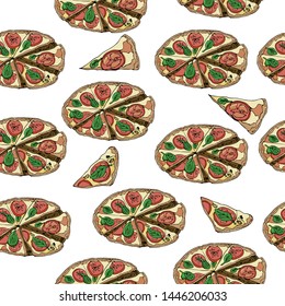 Seamless pattern with whole and slices of  pizza isolated on white background. Hand drawn ink  and colored sketch. Vector illustration.