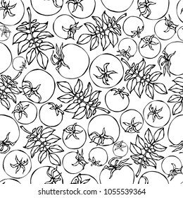 Seamless Pattern with Whole Tomato, Cherry Tomatoes and Tomato Green Leaves. Ketchup or Salad. Fresh Ripe Vegetables Background. Vegan Cuisine. Hand Drawn Vector Illustration. Savoyar Doodle Style.