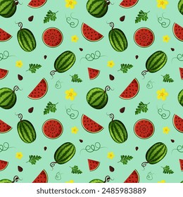 Seamless pattern with whole watermelons and slices, flowers on a green background. Vector illustration