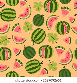 Seamless pattern with whole watermelons, slices and green leaves on orange background. Flat vector illustration.