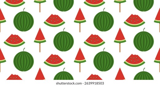 Seamless Pattern with Whole Watermelons, Slices and Popsicles on a Transparent Background. Fresh and Colorful Watermelon Seamless Design. Vector illustration.
