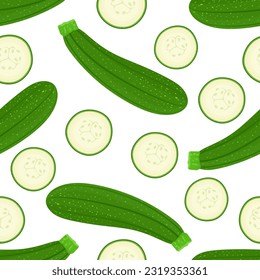 Seamless pattern with whole zucchini and zucchini cut slices on white background. Endless or repeated texture. Natural vegetarian fresh courgette or baby marrow. Flat vector illustration