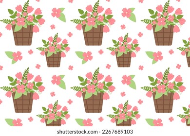 Seamless pattern with wicker basket with pink tulips. Spring flowers. Print for posters, cards, clothes, nursery. Decoration of flower shops, salons. Vector illustration, white background