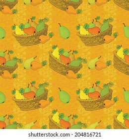 Seamless pattern, wicker baskets and fruits pears on abstract yellow orange background with leaves contours. Vector