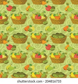 Seamless pattern, wicker baskets and fruits pears, apples and kiwifruits on abstract background. Vector