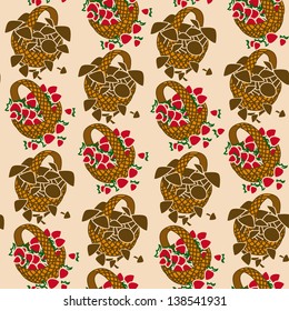 Seamless pattern of wicker baskets with mushrooms and berries