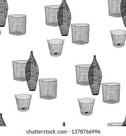 seamless pattern, wicker baskets,hand sketch with contour lines. Vector illustration