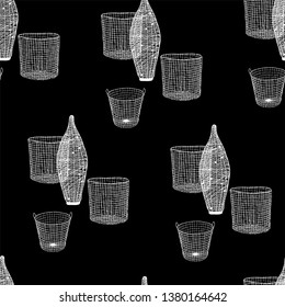 seamless pattern, wicker baskets,hand sketch with contour lines. Vector illustration