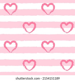 Patrón sin brillo con rayas rosadas de textura amplia y corazones dibujados a mano con textura. Un verano simple, patrón pastel para papel de envoltura valentina, ropa. Rayas abstractas vectoriales en un fondo blanco.