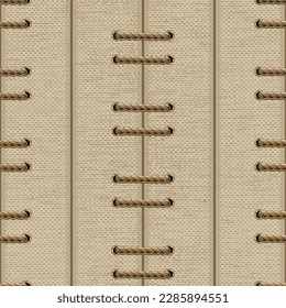 Seamless pattern with wide vertical stripes of jute fabric and horizontal rope lacing. Vintage style.