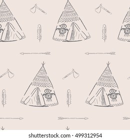  seamless pattern wigwam. Authentic tepee for design card. North American Indian wigwam