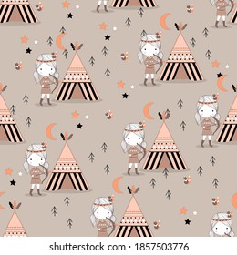 Seamless pattern with wigwam and girl. Flat illustration
