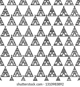 Seamless pattern with wigwams. Black and white nursery background. Childish design. Perfect for textile, apparel, fabric, wrapping, wallpaper. Vector illustration.