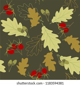 seamless pattern wiht dogrose and oak leaves.