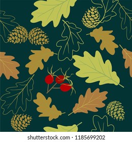 seamless pattern wiht oak leaves , pine cones and rose hips.