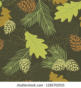 seamless pattern wiht oak leaves, tree branches and cones.