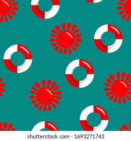 Seamless pattern wiht red and white lifebuoy and sun on blue background, summer symbol.Life Belt. Vector colorful flat illustration. Sea lifestyle. Design for fabric, textile, posters, card.