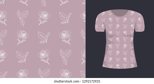 Seamless pattern wiht white roses, leaves and mock up T-shirt whith this pattern on dark background. Vector illustration