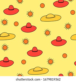Patrón sin inconvenientes con el sombrero de la mujer y el sol sobre fondo amarillo. Ilustración vectorial plana de moda. Estilo de caricatura. Diseño para invitación, afiche, tarjeta, tela, textil.
