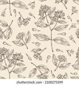 Seamless pattern with wikstroemia indica: leaves, flowers and wikstroemia indica plant. Daphne indica. Cosmetic, perfumery and medical plant. Vector hand drawn illustration.