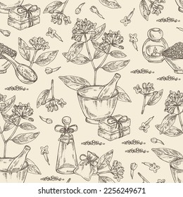 Seamless pattern with wikstroemia indica: leaves, flowers and wikstroemia indica plant. Daphne indica. Oil, soap and bath salt . Cosmetics and medical plant. Vector hand drawn illustration