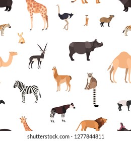 Seamless pattern with wild African animals on white background. Backdrop with fauna of Africa. Colored vector illustration in flat cartoon style for wrapping paper, textile print, wallpaper.
