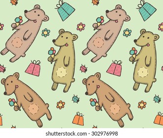 Seamless pattern of wild animal brown bear with ice cream, gifts,flower, ladybug Vector illustration eps10