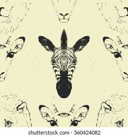 Seamless Pattern of a Wild Animal heads. Vector illustration.
