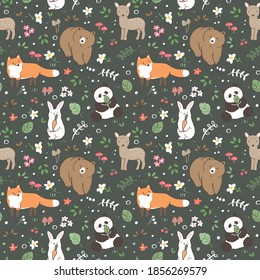 Seamless Pattern with Wild Animal Illustration Design on Dark Green Background