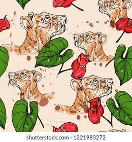 seamless pattern with wild animal tiger and red anthurium flower.Tropical Flowers hand drawing
