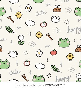 Nahtlose Muster von wilden Tieren und winzigen Symbolhintergrund.Frog, Vogel, Hühnerhandgezeichnet.Leaf und Blumencartoon.Apple fruit.Cloud.Jungle.Kawaii.Vector.Illustration.