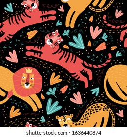 Seamless pattern wild animal and tropic plants. Funny cartoon character tiger, leopard, Jaguar, lion. Background cute wild cats in the jungle and safari. Scandinavian style flat design. Children print
