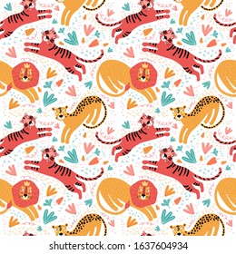 Seamless pattern wild animal and tropic plants. Funny cartoon character tiger, leopard, Jaguar, lion. Background cute wild cats in the jungle and safari. Scandinavian style flat design. Children print