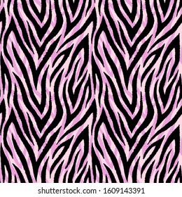 Seamless pattern with wild, animalistic, zebra fur print. Vector illustration. Exotic pink wallpaper.