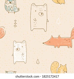 Seamless pattern with wild animals: bear, fox, owl and squirrel.  Hand drawn vector illustration.