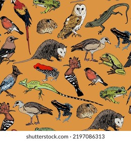 Seamless pattern with wild animals and birds. Hand drawn colorful sketches on yellow orange background. 