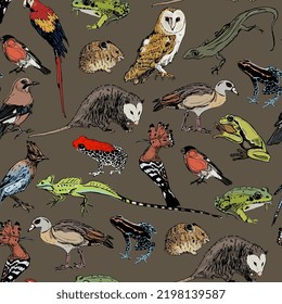 Seamless pattern with wild animals and birds. Hand drawn colorful sketches on gray background. 