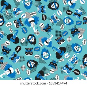 Patrón sin foco de animales salvajes en azul, con leopardo de tigre de león, vintage retro abstracto gráfico geométrico abstracto, niños felices dulces ilustración de fondo en vector