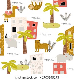 Seamless pattern with wild animals in the city. Vector hand drawn illustration.