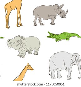 Seamless pattern of wild animals. Crocodile, hippopotamus, giraffe, rhinoceros and elephant are painted by hand. Vector illustration