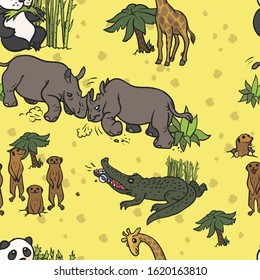 Seamless pattern with wild animals crocodile, panda, giraffe, rhino, chipmunks with green palm trees and a reed on a yellow sand background