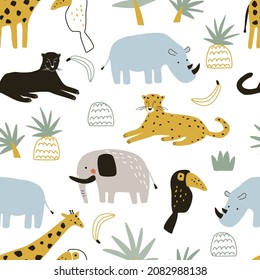 Seamless pattern with wild animals elephant, rhinoceros, giraffe, leopard and toucan. Vector illustration for printing on fabric, wrapping paper, clothing. Cute baby background.