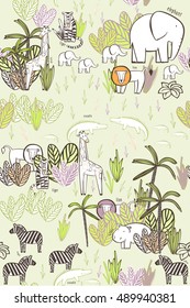 Seamless pattern with wild animals : elephant with elephant, zebra, tiger, lion, giraffe, crocodile, hippopotamus. Coloring, drawing wallpaper.