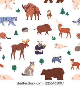 Seamless pattern, wild animals. Endless fauna background design, repeating print. Repeatable wildlife, beasts texture, bison, elk, panda, bear, boar. Flat vector illustration for textile, fabric