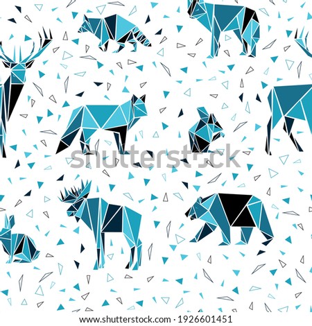 Seamless pattern with wild animals. Figures of a deer, bear, elk, raccoon, wolf, fox, hare and squirrel from polygons. Modern background with wild forest animals of the northern strip. Origami animals