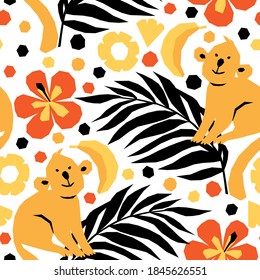 Seamless pattern with wild animals in geometric style. Vector illustration with tropical jungle flora and fauna. Kids fashion fabric design. Funny monkeys.