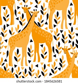 Seamless pattern with wild animals in geometric style. Vector illustration with african safari. Kids fashion fabric design. Cute giraffes.