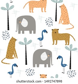 Seamless pattern with wild animals in the jungle. Kids tropical print. Vector hand drawn illustration.